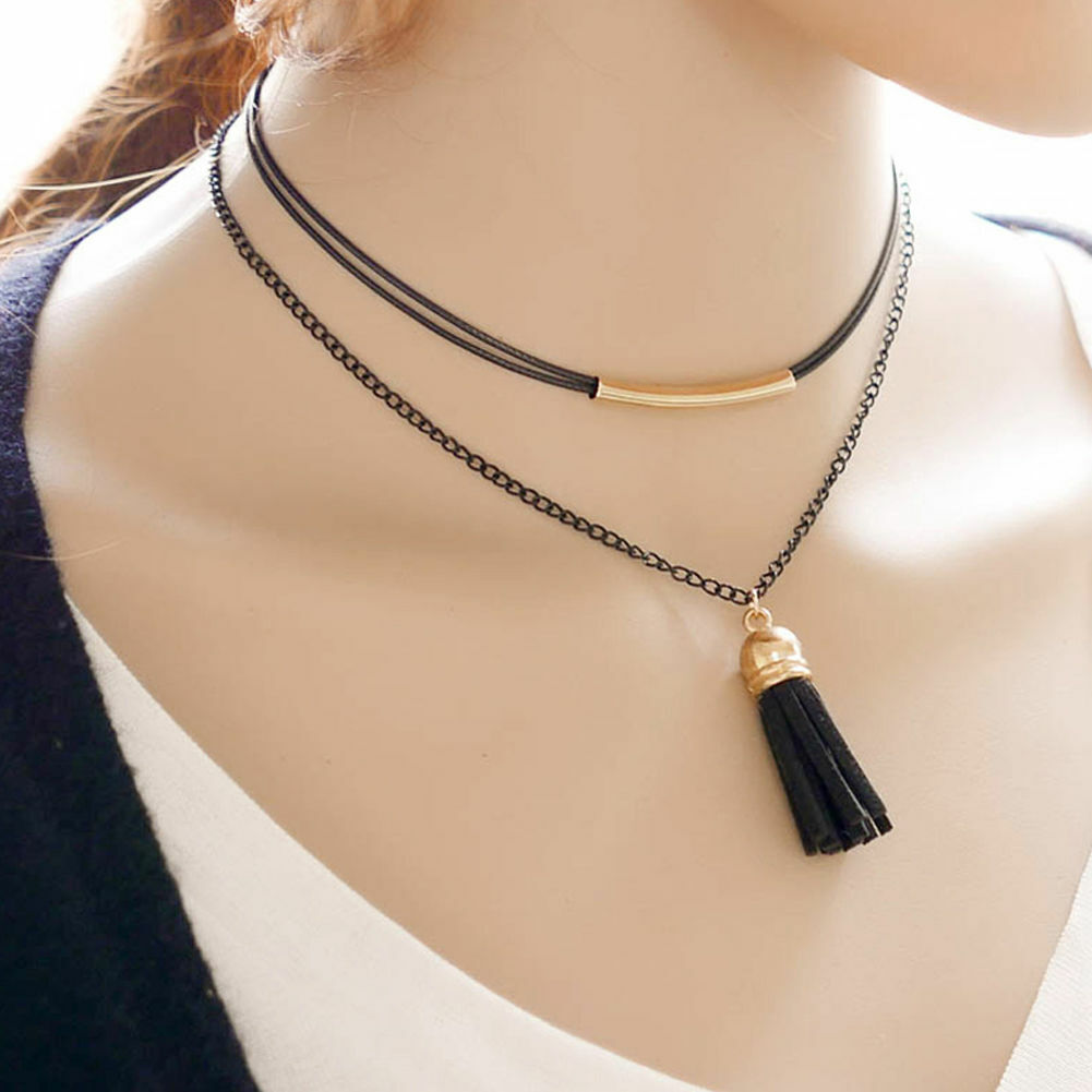 Womens Black Choker Multi Layer CHARM POM POM Long Necklace Body Jewellery UK