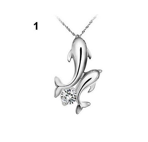 TWIN Dolphin Pendant rhinestone crystal Silver Necklace Jewellery Ladies Gifts