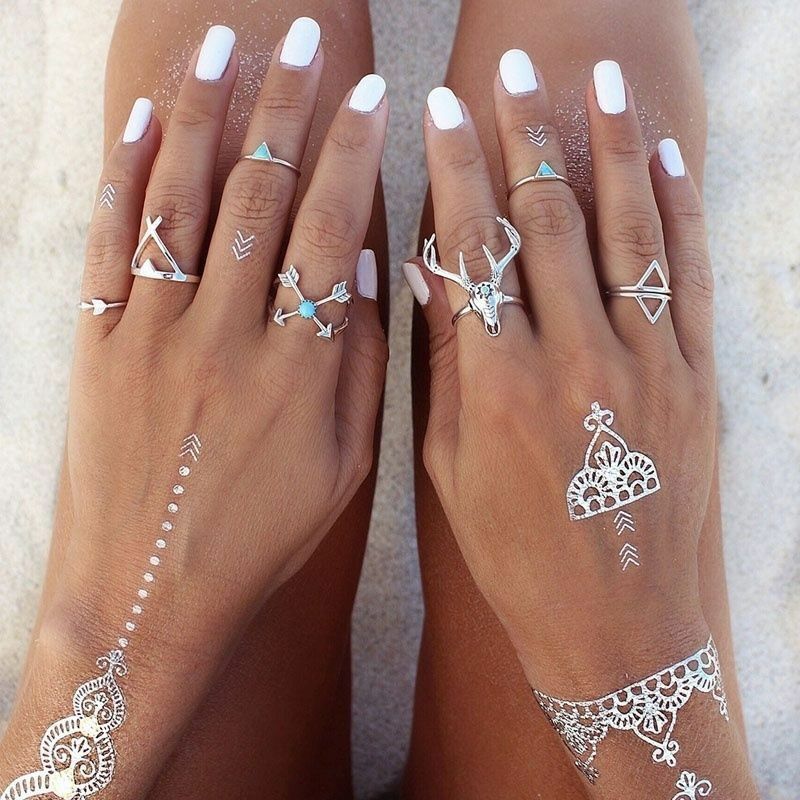 7pcs Silver Ring Set Blue Turquoise Arrows Antlers Women Retro Stack Knuckle UK