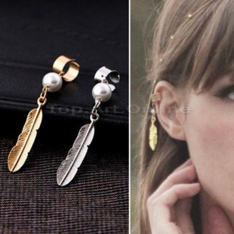 FEATHER PEARL Womens Ear Cuff Earrings Wrap Fashion Clip On Cuffs Fake Stud UK
