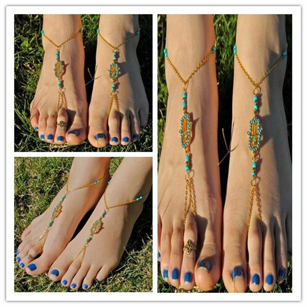 Lucky Gold Hamsa Hand Bead Summer Boho Anklet Ankle Toe Bracelet Women Buddha