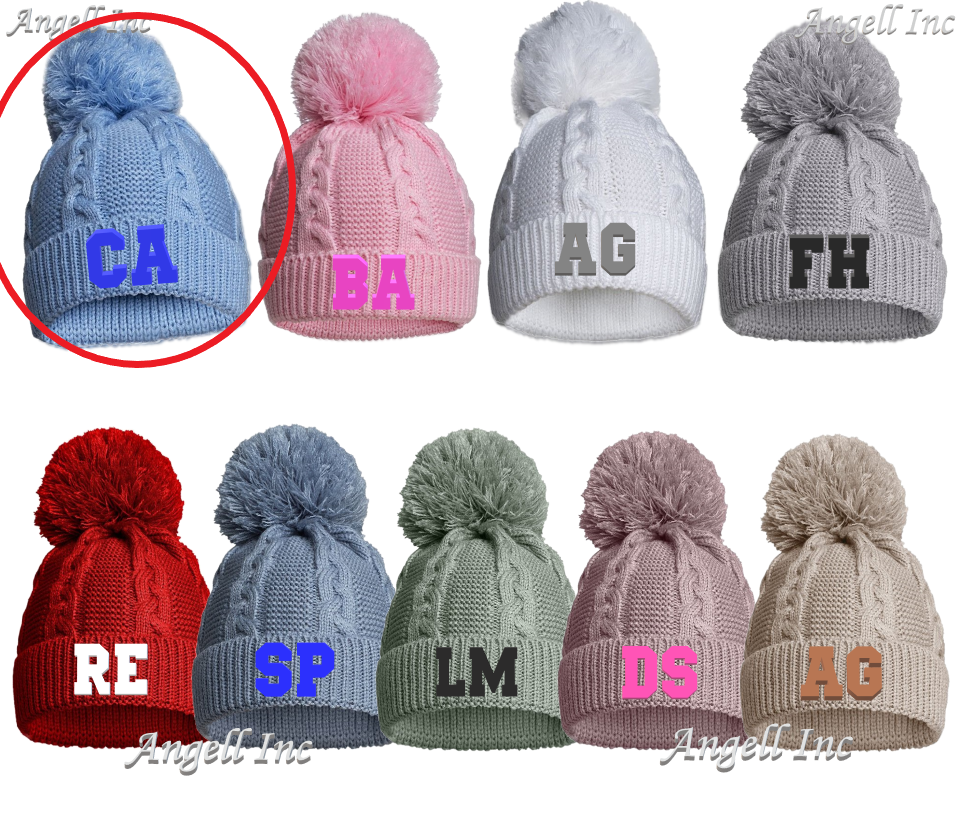 PERSONALISED BABY SINGLE POM POM HAT Embroidered INITIALS KNITTED WINTER NEWBORN