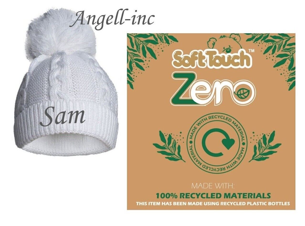 PERSONALISED BABY ECO SINGLE POM POM HAT KNITTED WINTER WHITE PINK BLUE 12-24m