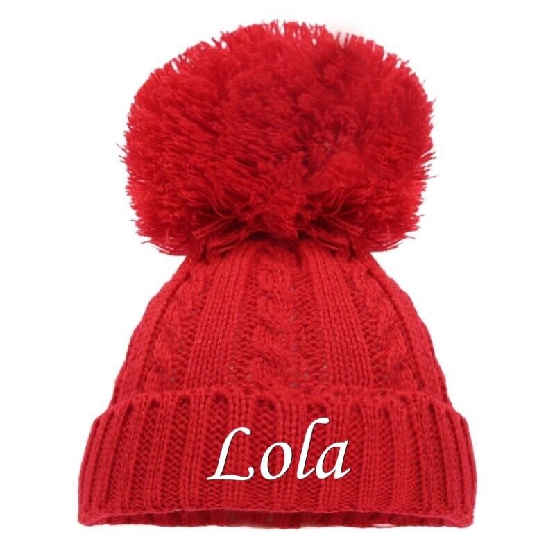 PERSONALISED BABY SINGLE POM POM HAT KNITTED WINTER WHITE PINK BLUE GREY NEWBORN