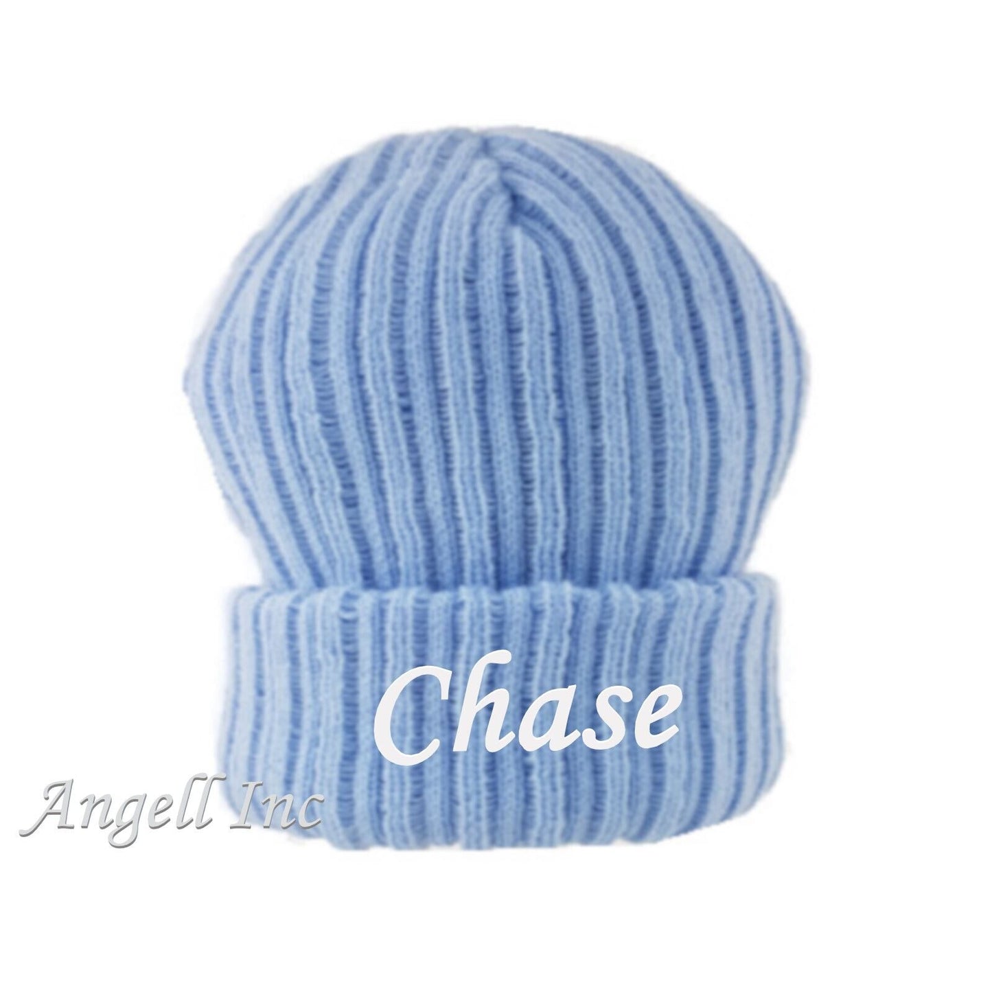 PERSONALISED BABY HAT POM POM KNITTED WINTER WHITE PINK BLUE GIFT newborn 0-12m