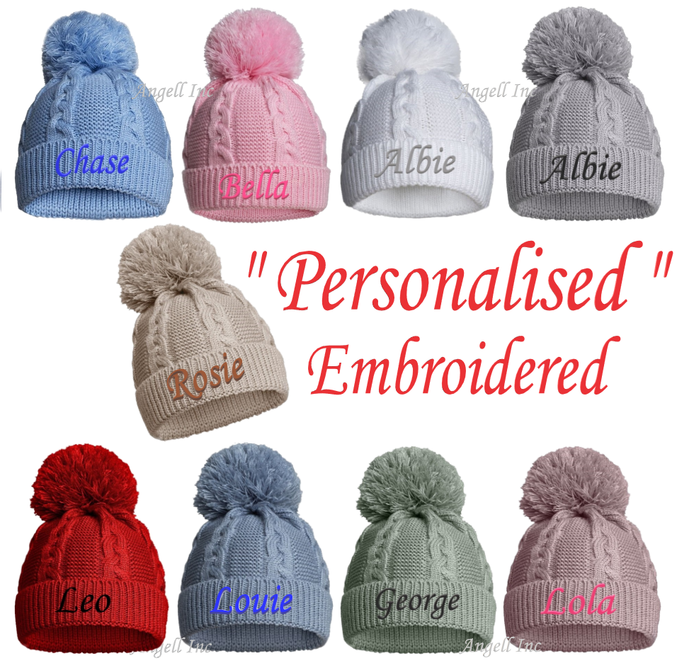 PERSONALISED BABY ECO SINGLE POM POM HAT KNITTED WINTER WHITE PINK BLUE GREY RED
