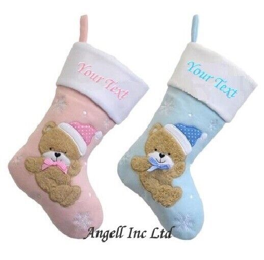 Personalised TEDDY Christmas BABY Stocking PINK BLUE EMBROIDERD XMAS SACK UK