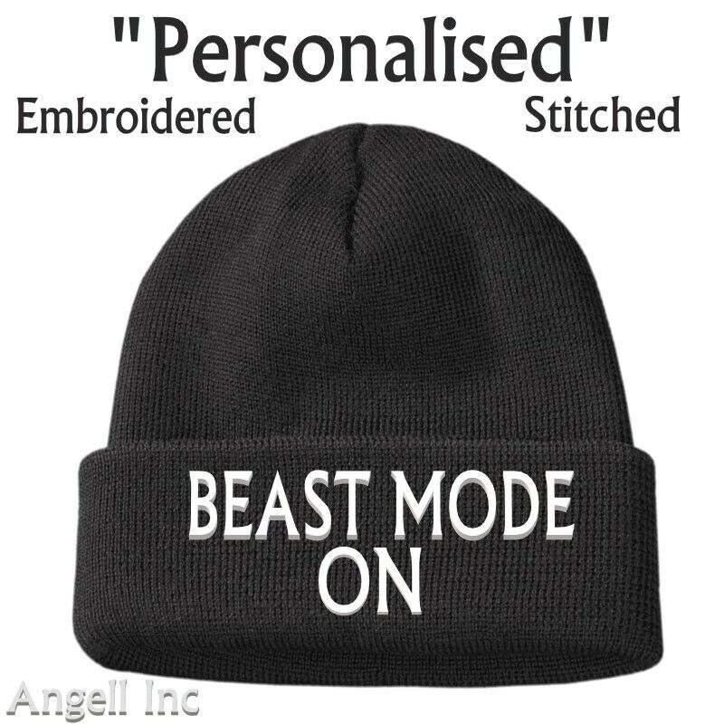 MENS BEAST MODE ON BEANIE HAT GYM TRAINING SPORT GIFT WOMEN Personalised Woolly