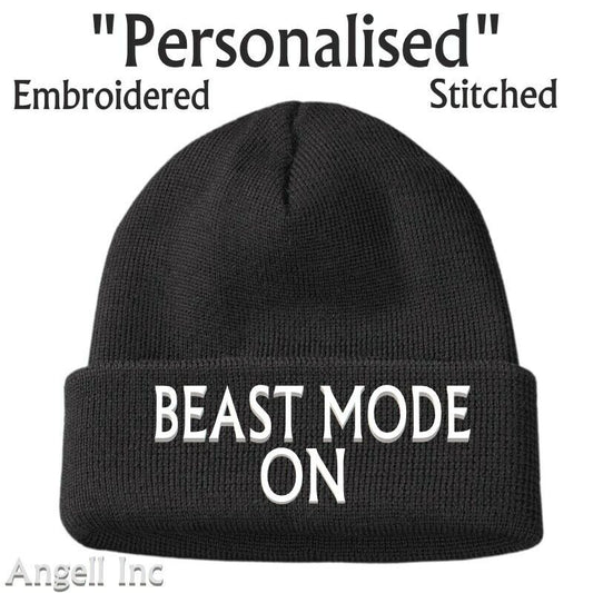 MENS BEAST MODE ON BEANIE HAT GYM TRAINING SPORT GIFT WOMEN Personalised Woolly