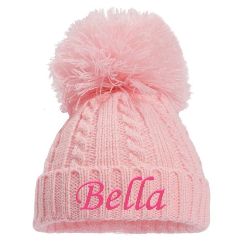 PERSONALISED BABY SINGLE POM POM HAT KNITTED WINTER WHITE PINK BLUE GREY NEWBORN