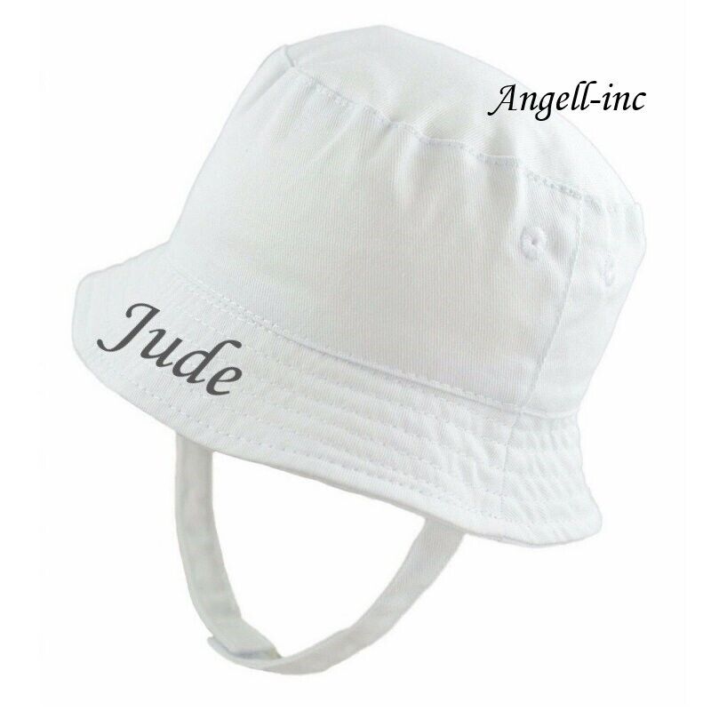 PERSONALISED BABY Bucket Hat Summer White Pink Blue Biscuit NEWBORN to 12 months