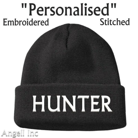 HUNTER GIFT HUNTING BIRTHDAY WOMENS MENS Black Beanie Hat Personalised WORK GYM