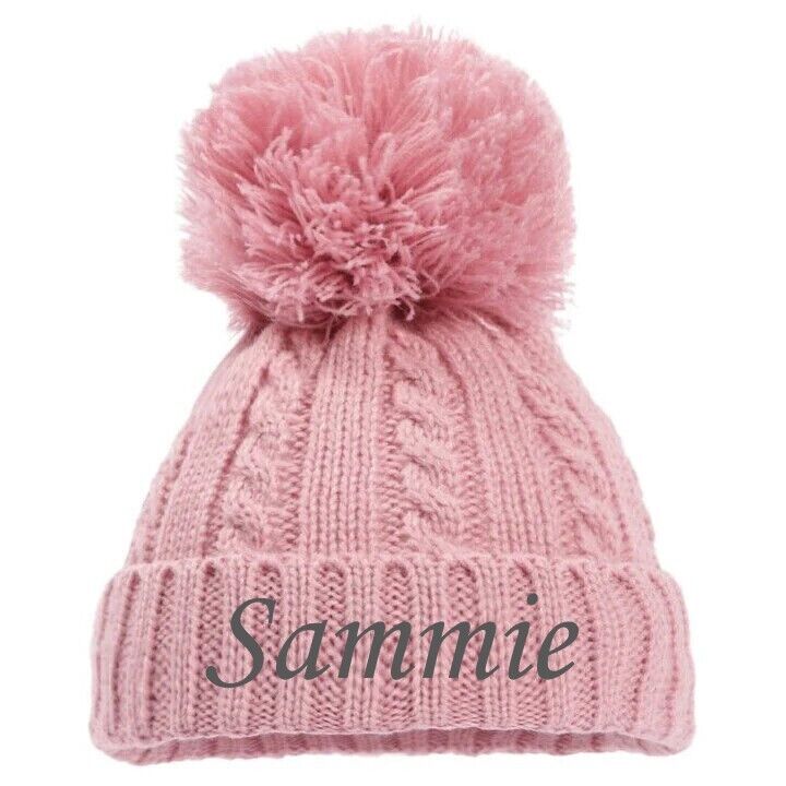 PERSONALISED BABY SINGLE POM POM HAT KNITTED WINTER WHITE PINK BLUE GREY NEWBORN