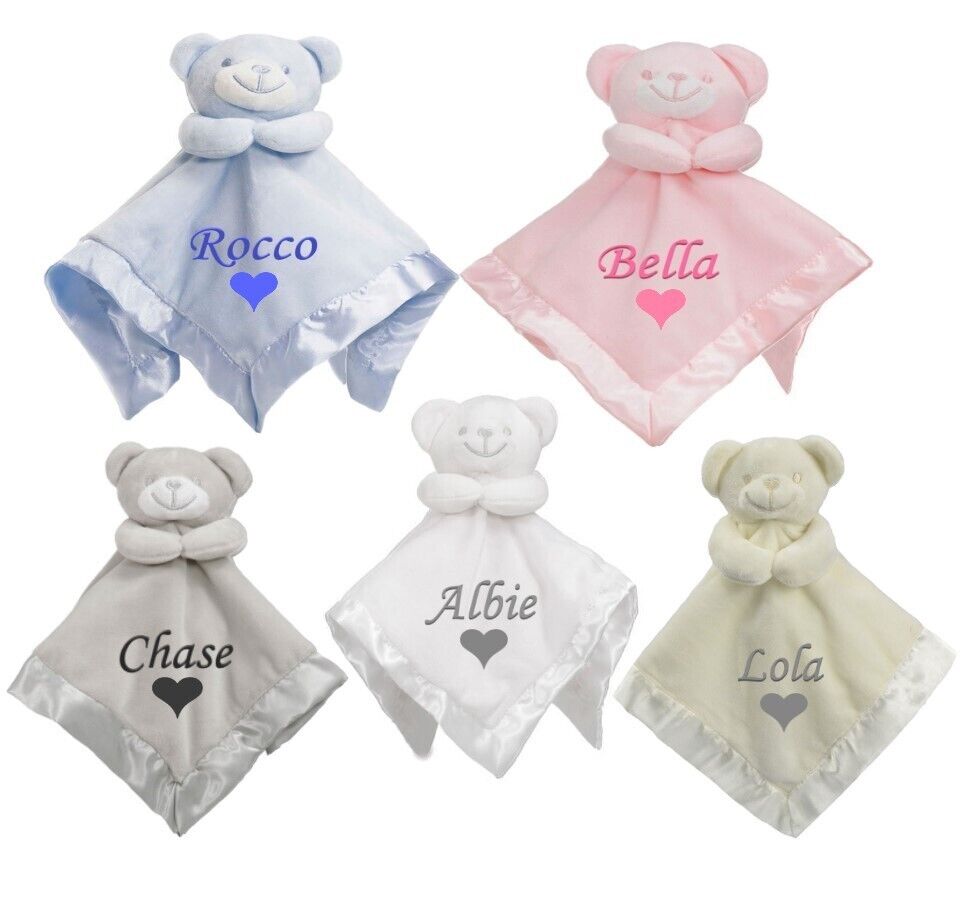 PERSONALISED BABY NAME TAGGIE TAGGY COMFORTER BLANKET FLEECE SOFT BOY GIRL HEART