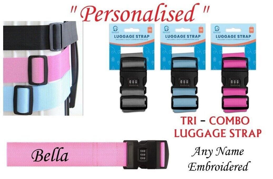 Personalised TRI COMBO Luggage Strap Suitcase Embroidered Safe Travel safe BELT