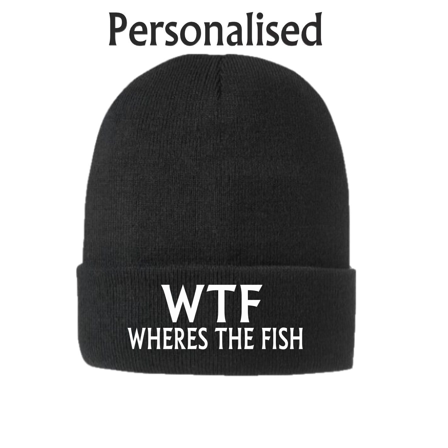 Fishing Gifts mens WTF Wheres the Fish Funny Beanie Hat Rude Joke Angling Dad