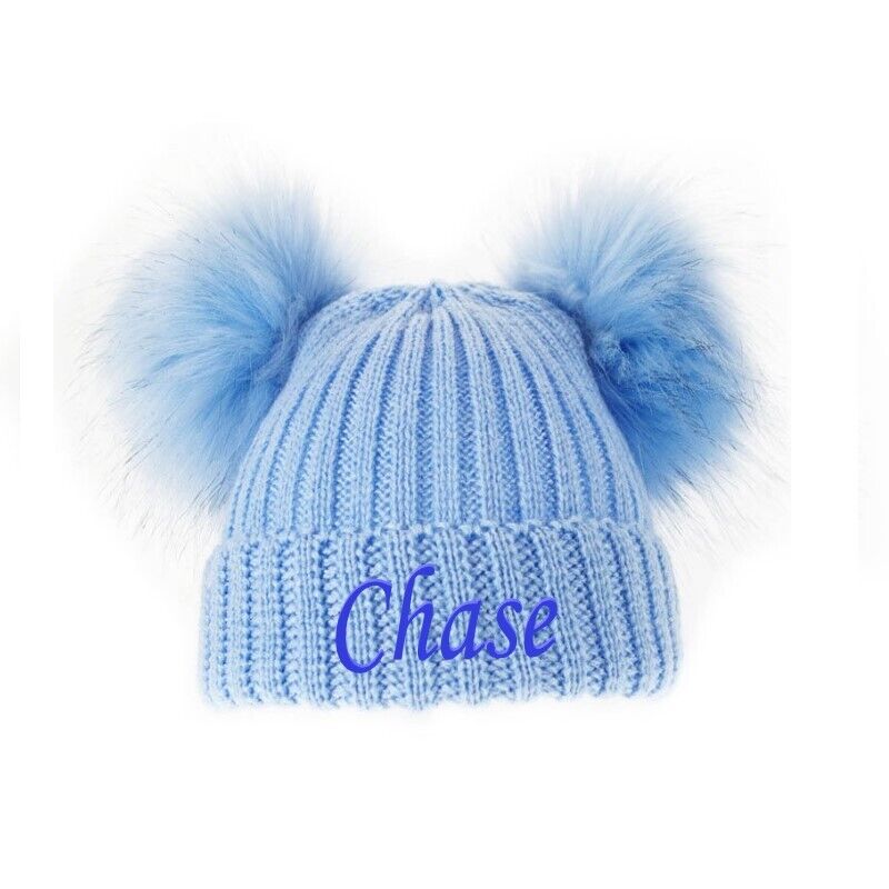 PERSONALISED BABY POM POM HAT KNITTED WINTER WHITE PINK BLUE GREY GIFT NB 0-12m