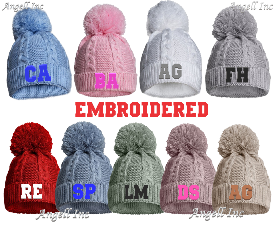 PERSONALISED BABY SINGLE POM POM HAT Embroidered INITIALS KNITTED WINTER NEWBORN