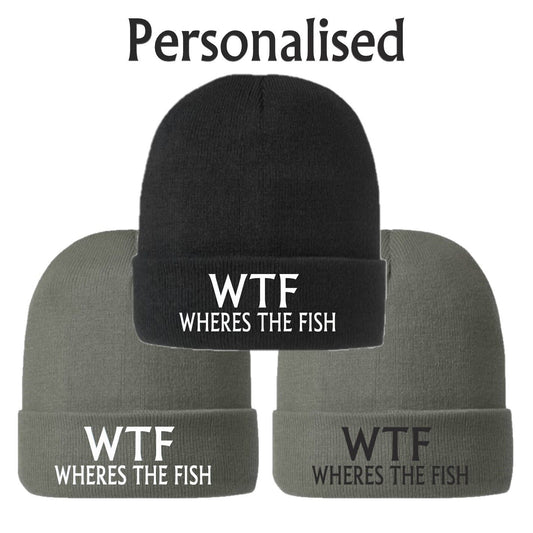 Fishing Gifts mens WTF Wheres the Fish Funny Beanie Hat Rude Joke Angling Dad
