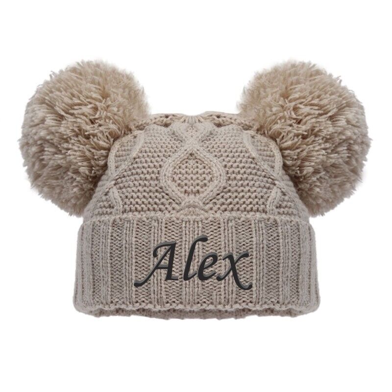 PERSONALISED BABY POM POM HAT KNITTED WINTER WHITE PINK BLUE GREY GIFT NB 0-12m