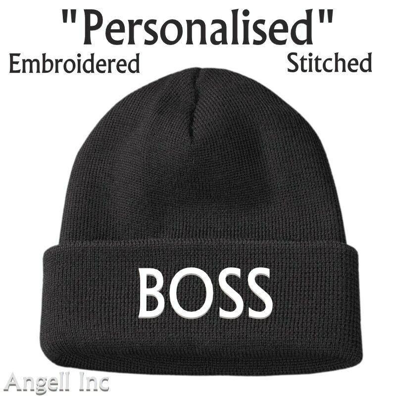 THE BOSS GIFT BIRTHDAY WOMENS MENS Black Beanie Hat Personalised Woolly WORK GYM