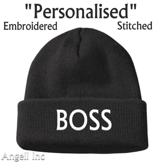 THE BOSS GIFT BIRTHDAY WOMENS MENS Black Beanie Hat Personalised Woolly WORK GYM