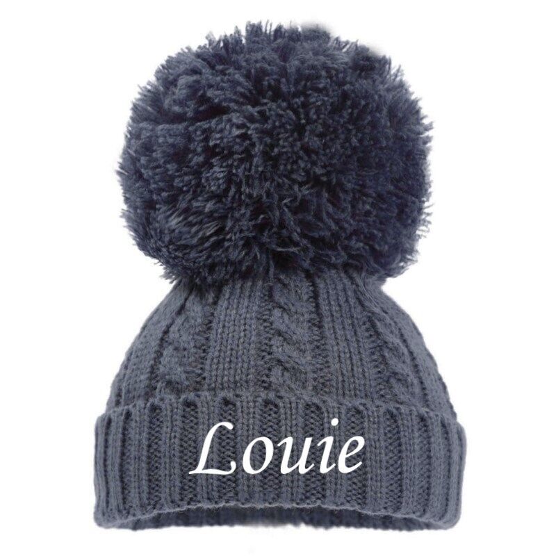 PERSONALISED BABY SINGLE POM POM HAT KNITTED WINTER WHITE PINK BLUE GREY NEWBORN
