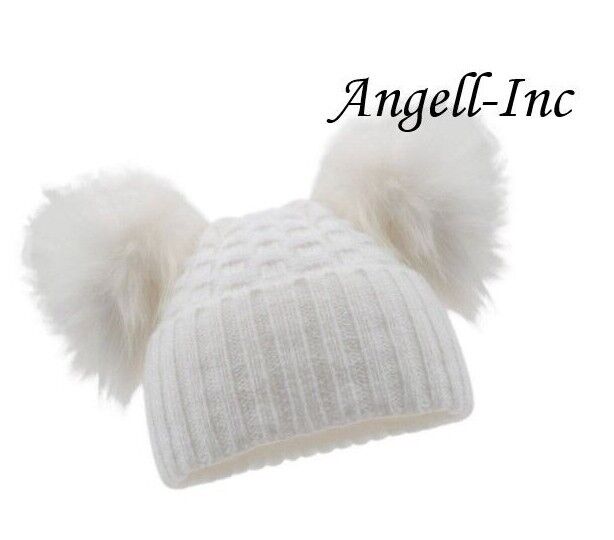 PERSONALISED BABY FUR POM POM HAT KNITTED WINTER WHITE PINK BLUE GREY GIFT 0-12m
