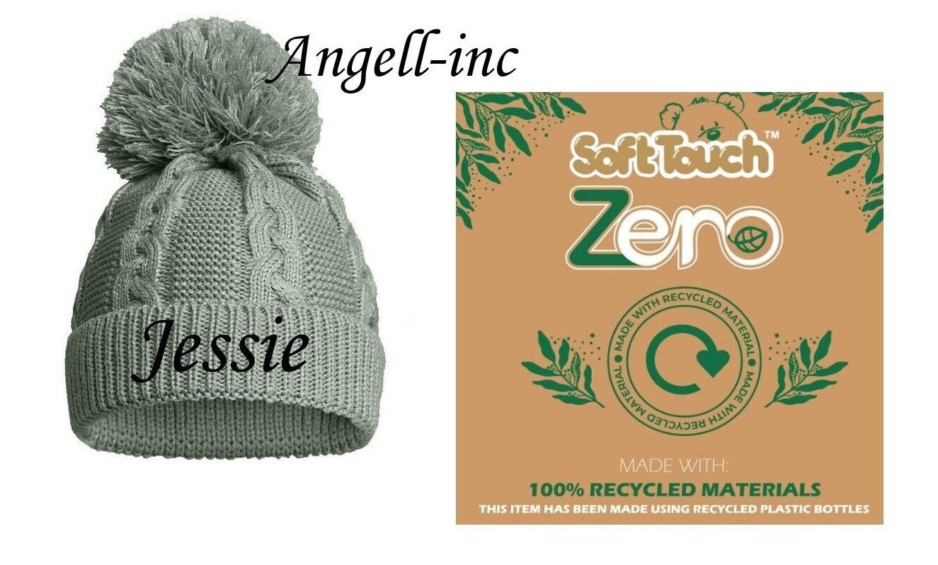 PERSONALISED BABY ECO SINGLE POM POM HAT KNITTED WINTER WHITE PINK BLUE 12-24m