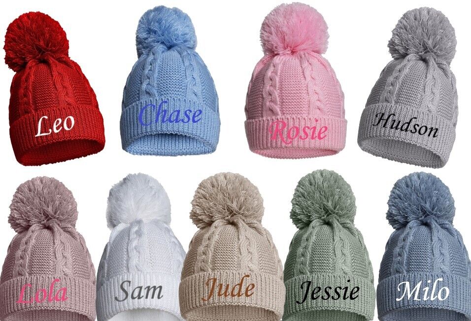 PERSONALISED BABY SINGLE POM POM HAT KNITTED WINTER WHITE PINK BLUE GREY NEWBORN