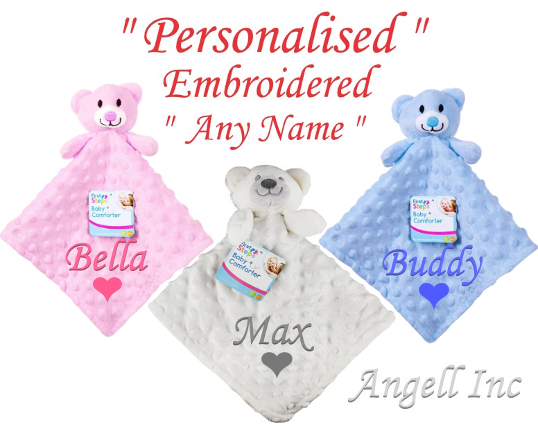 Personalised Name Baby Comforter Heart Blanket Security Teddy Bear gift Babies