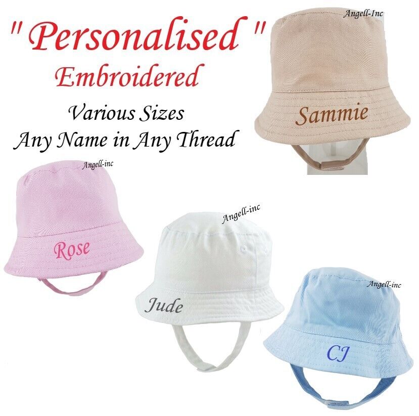 PERSONALISED BABY Bucket Hat Summer White Pink Blue Biscuit NEWBORN to 12 months