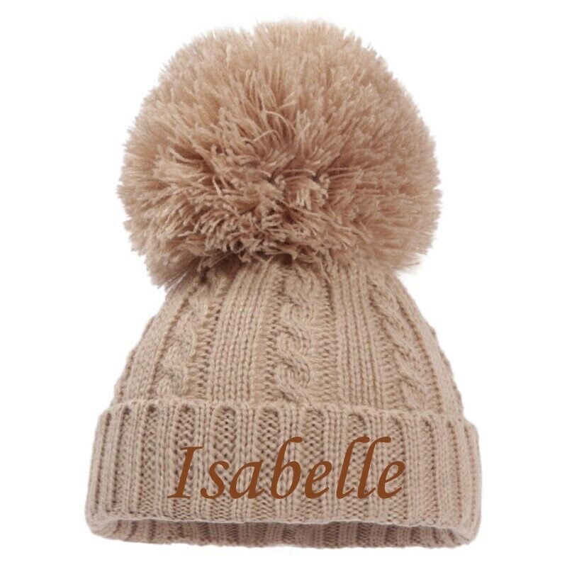 PERSONALISED BABY SINGLE POM POM HAT KNITTED WINTER WHITE PINK BLUE GREY NEWBORN