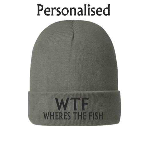 men's Fishing Gift WTF Fish Beanie Hat Joke Green Camo Angling Fisherman Carp