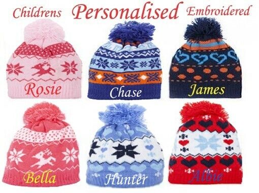 PERSONALISED Kids GIRLS BOYS POM POM BEANIE HAT 0-6months WINTER PINK BLUE GIFT