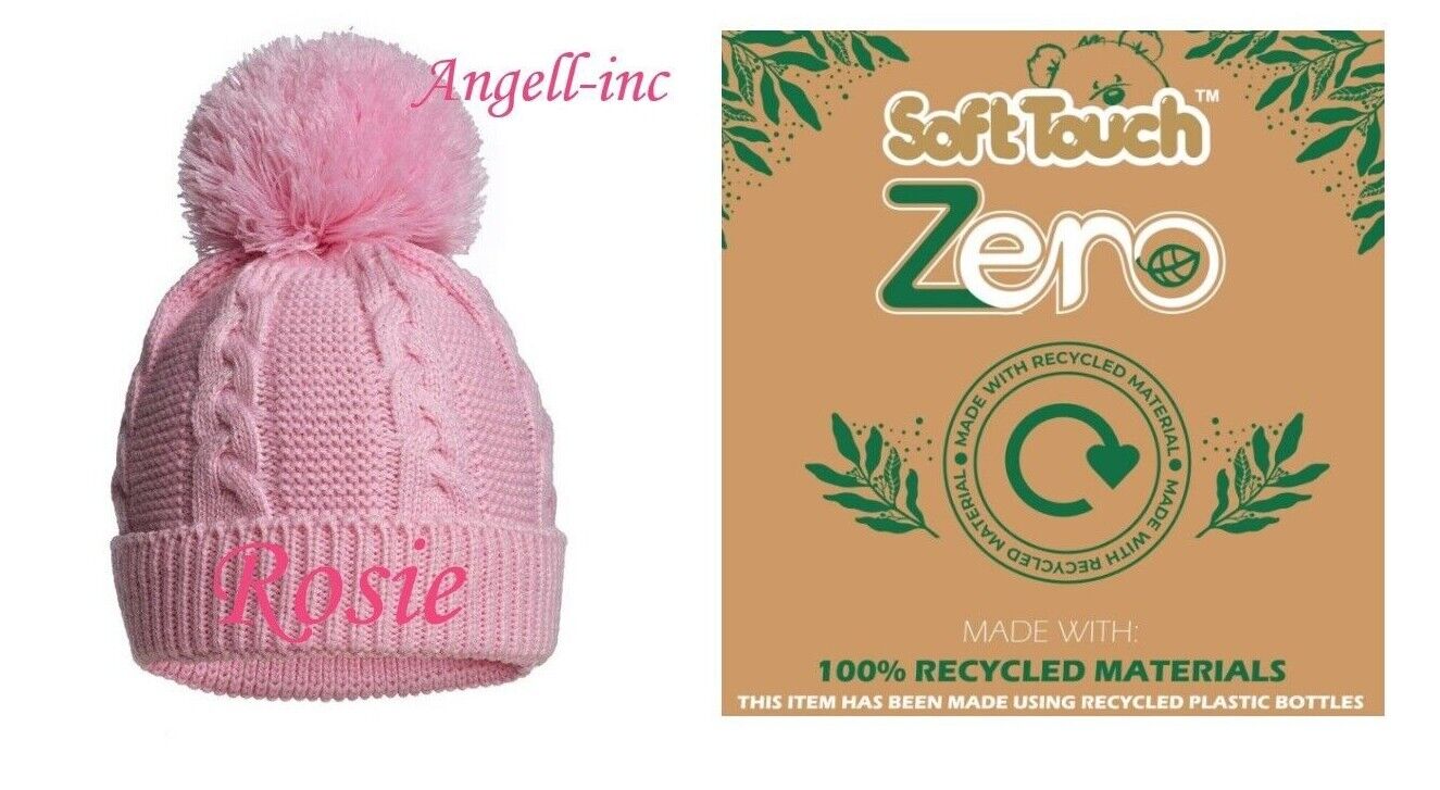 PERSONALISED BABY ECO SINGLE POM POM HAT KNITTED WINTER WHITE PINK BLUE 12-24m
