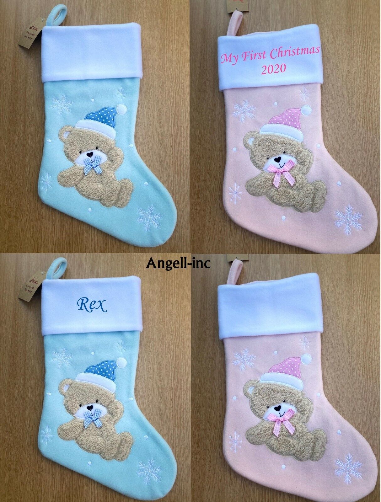 Personalised TEDDY Christmas BABY Stocking PINK BLUE EMBROIDERD XMAS SACK UK