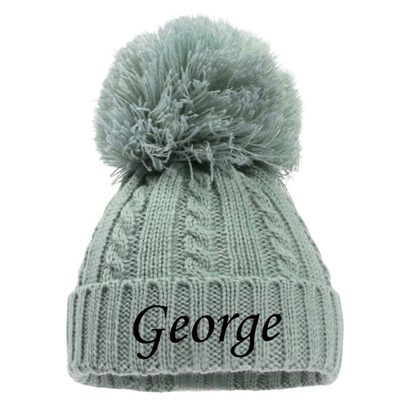 PERSONALISED BABY SINGLE POM POM HAT KNITTED WINTER WHITE PINK BLUE GREY NEWBORN