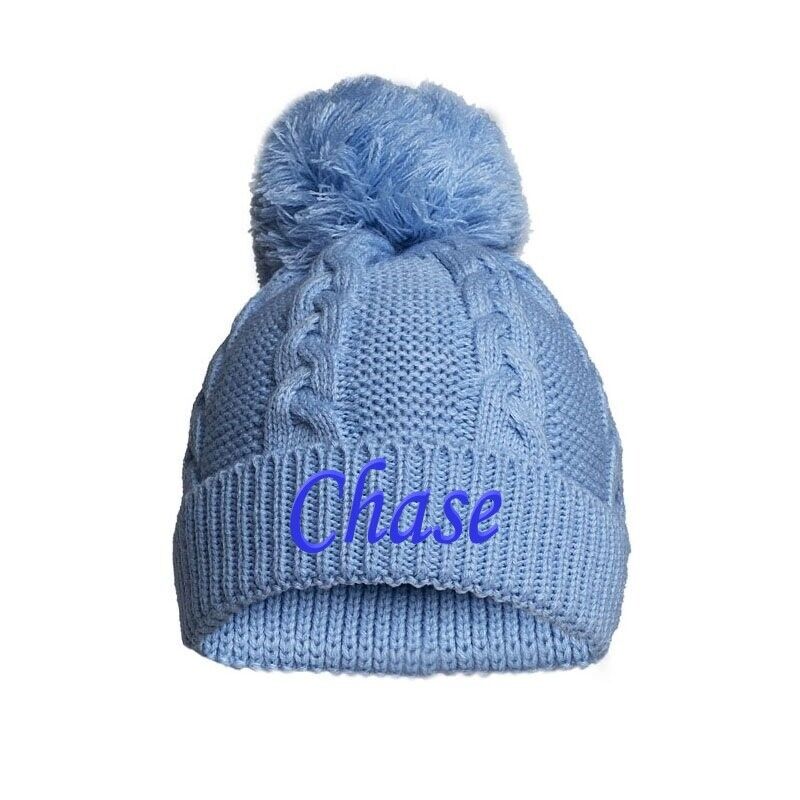PERSONALISED BABY SINGLE POM POM HAT KNITTED WINTER WHITE PINK BLUE GREY NEWBORN