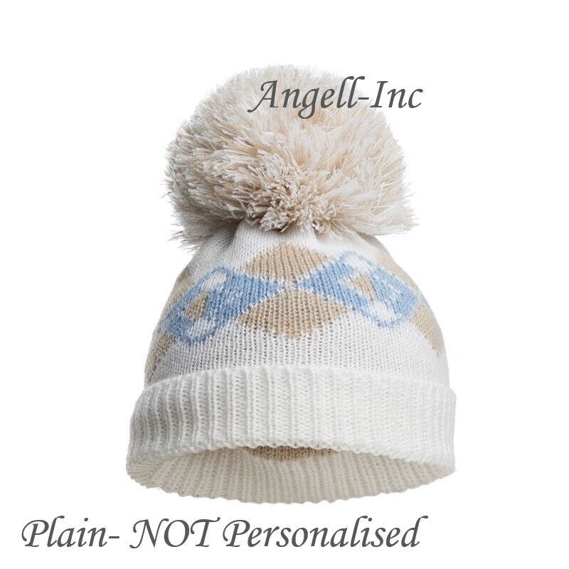 PERSONALISED BABY POM POM HAT KNITTED WINTER PINK BLUE BROWN newborn NB-12m