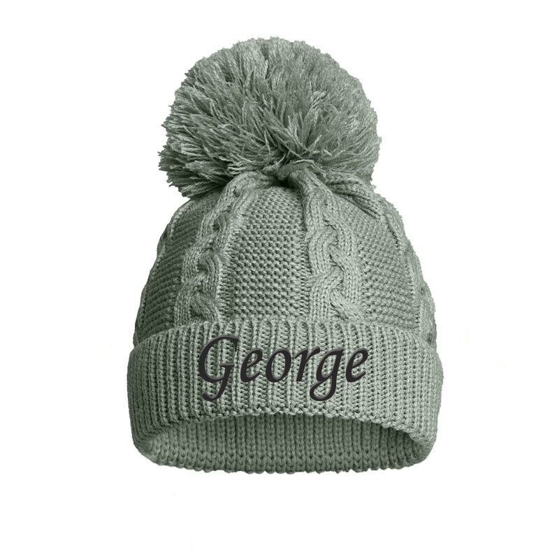 PERSONALISED BABY SINGLE POM POM HAT KNITTED WINTER WHITE PINK BLUE GREY NEWBORN