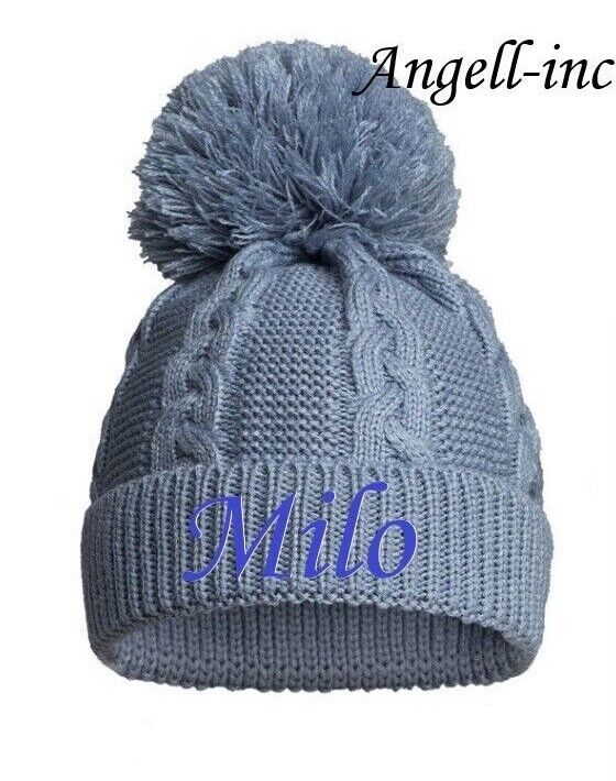 PERSONALISED BABY SINGLE POM POM HAT KNITTED WINTER WHITE PINK BLUE GREY NEWBORN