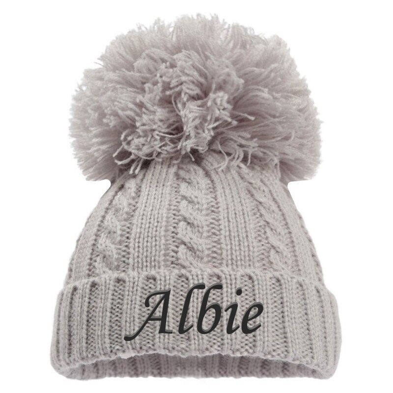 PERSONALISED BABY SINGLE POM POM HAT KNITTED WINTER WHITE PINK BLUE GREY NEWBORN