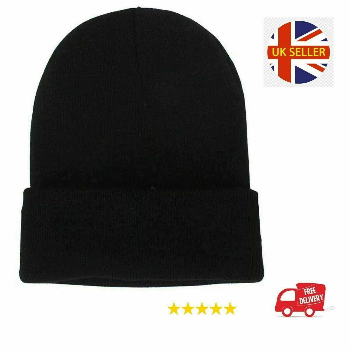 Mens Ladies Beanie Hat Knitted Woolly Slouch WORK GYM Cap Plain Black Thermal