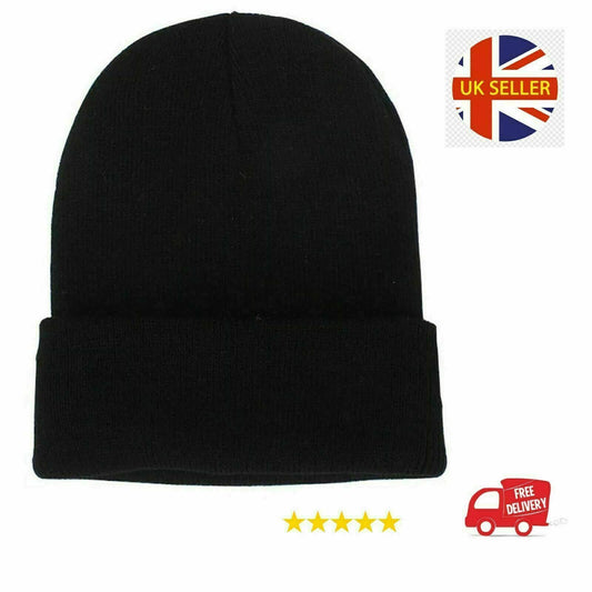 Mens Ladies Beanie Hat Knitted Woolly Slouch WORK GYM Cap Plain Black Thermal