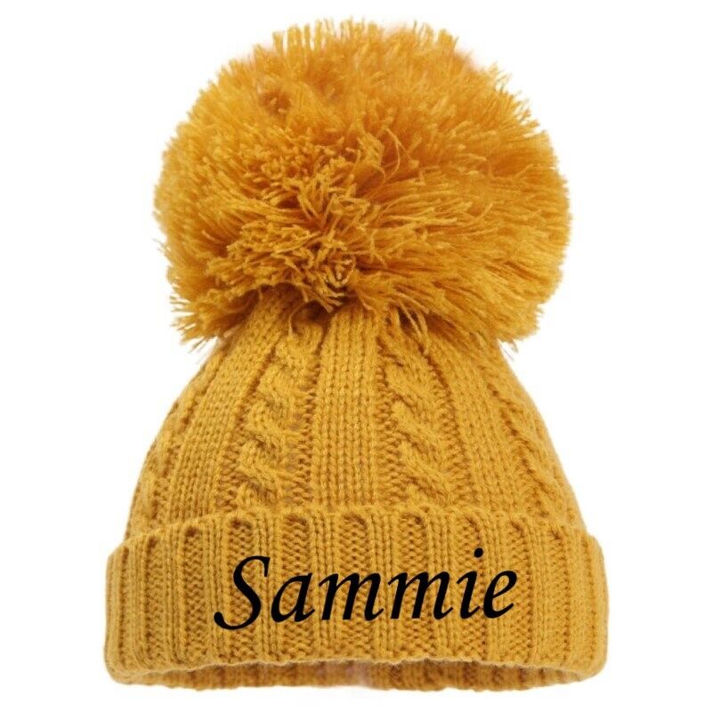 PERSONALISED BABY SINGLE POM POM HAT KNITTED WINTER WHITE PINK BLUE GREY NEWBORN