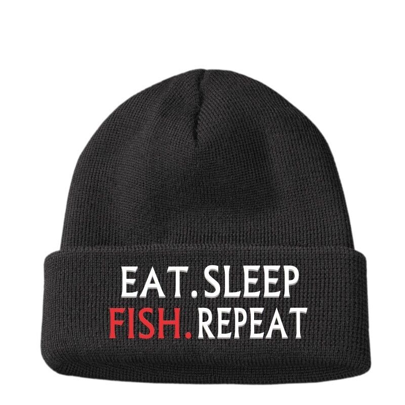 EAT SLEEP FISH Repeat Fishing Funny Beanie Hat men's Birthday Dads Son Gifts