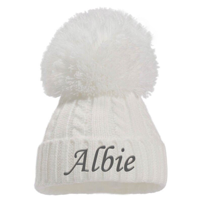 PERSONALISED BABY SINGLE POM POM HAT KNITTED WINTER WHITE PINK BLUE GREY NEWBORN