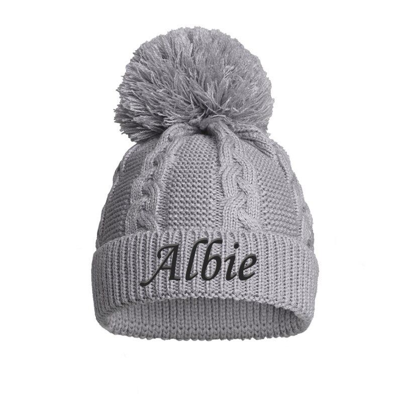 PERSONALISED BABY SINGLE POM POM HAT KNITTED WINTER WHITE PINK BLUE GREY NEWBORN
