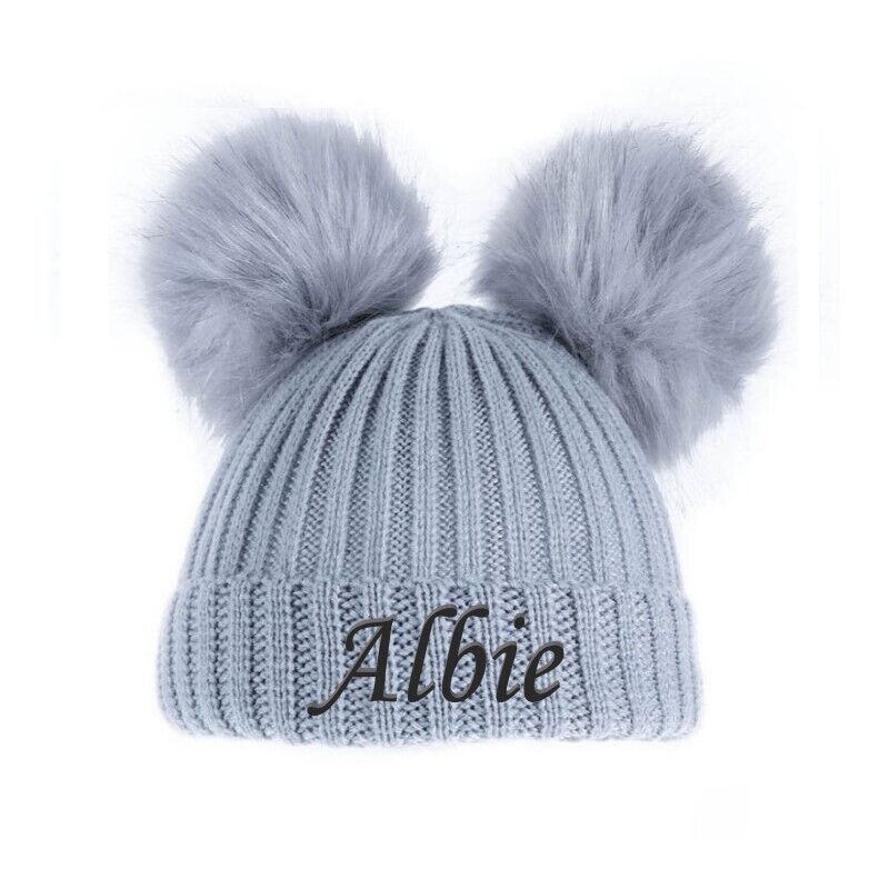 PERSONALISED BABY POM POM HAT KNITTED WINTER WHITE PINK BLUE GREY GIFT NB 0-12m